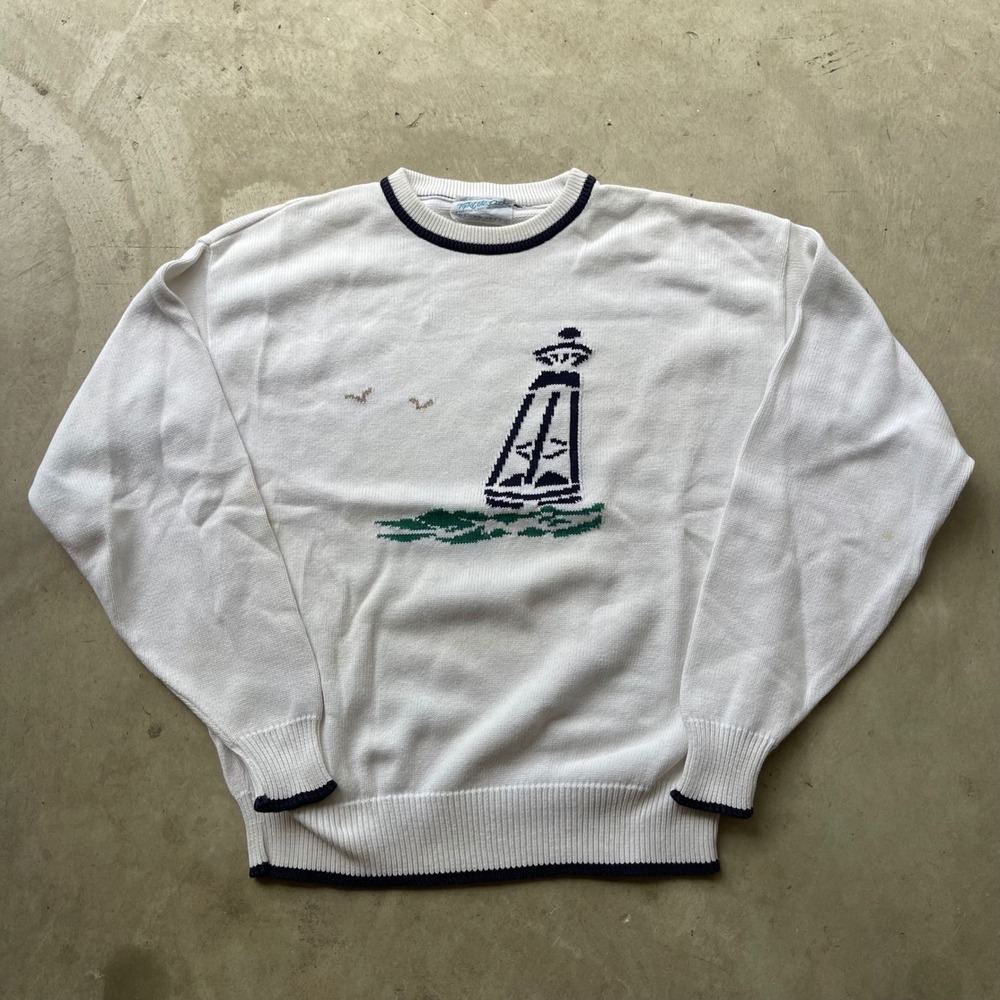 Vintage Lord Jeff Top of the Dock Lighthouse Sweater White Navy Mens Large USA